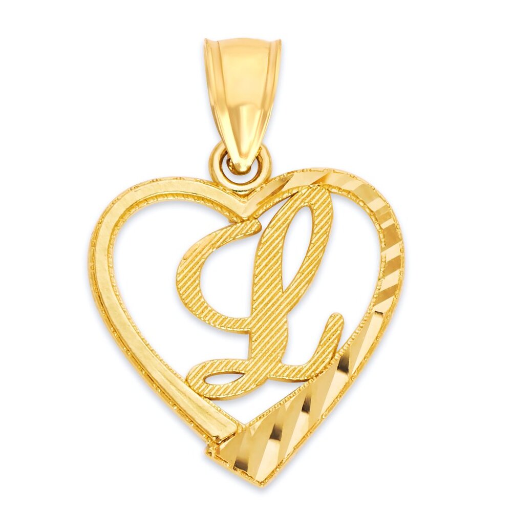 10K Gold Heart Initial "L" Pendant - Diamond Cut Letter Charm for Necklace
